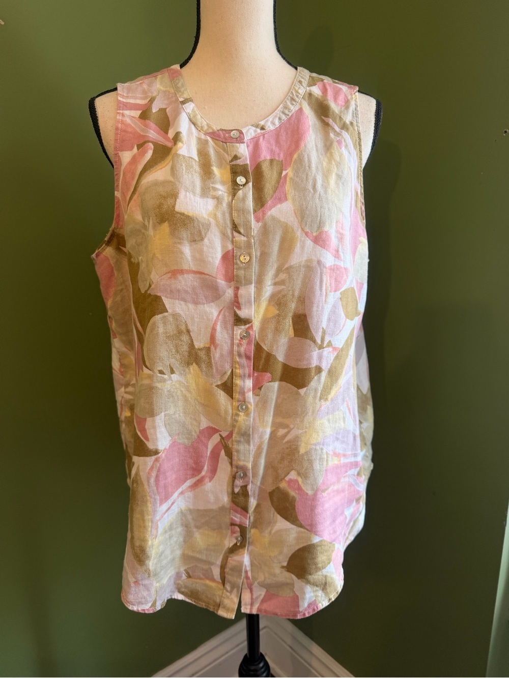 Tahari 100% Linen Pink & Tan Floral Button-Front Sleeveless Camisole